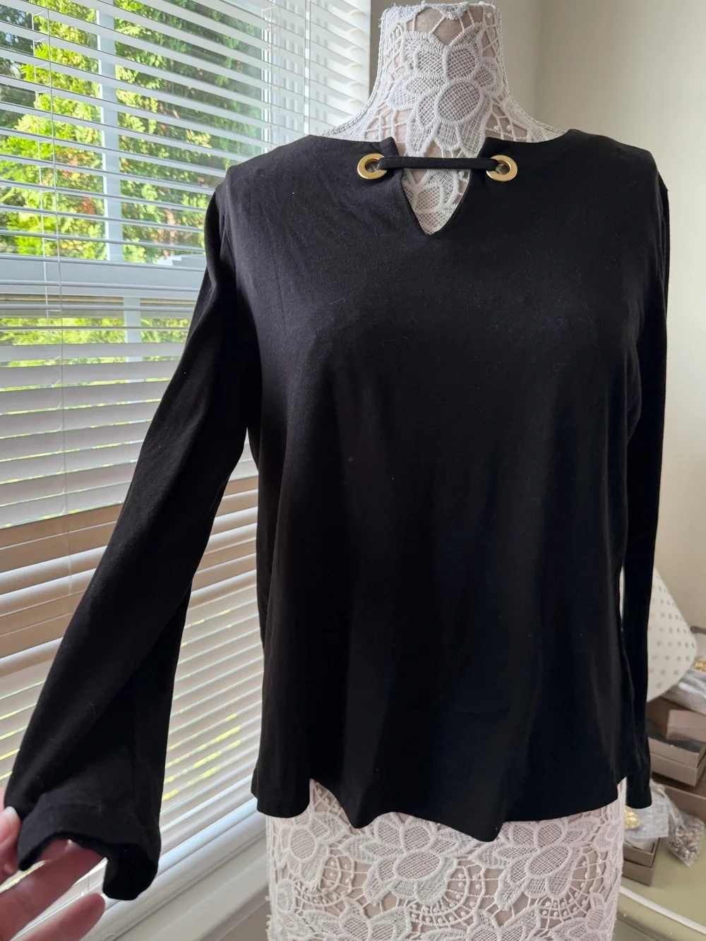 EUC Michael Kors Black Long-Sleeve Top with Gold Grommet Detail Size XL
